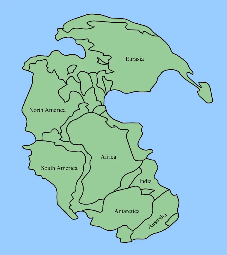 Paleogeographic map of Pangaea showing the supercontinent before the great dying, with Siberia in the northern hemisphere and the Tethys Ocean opening eastward.