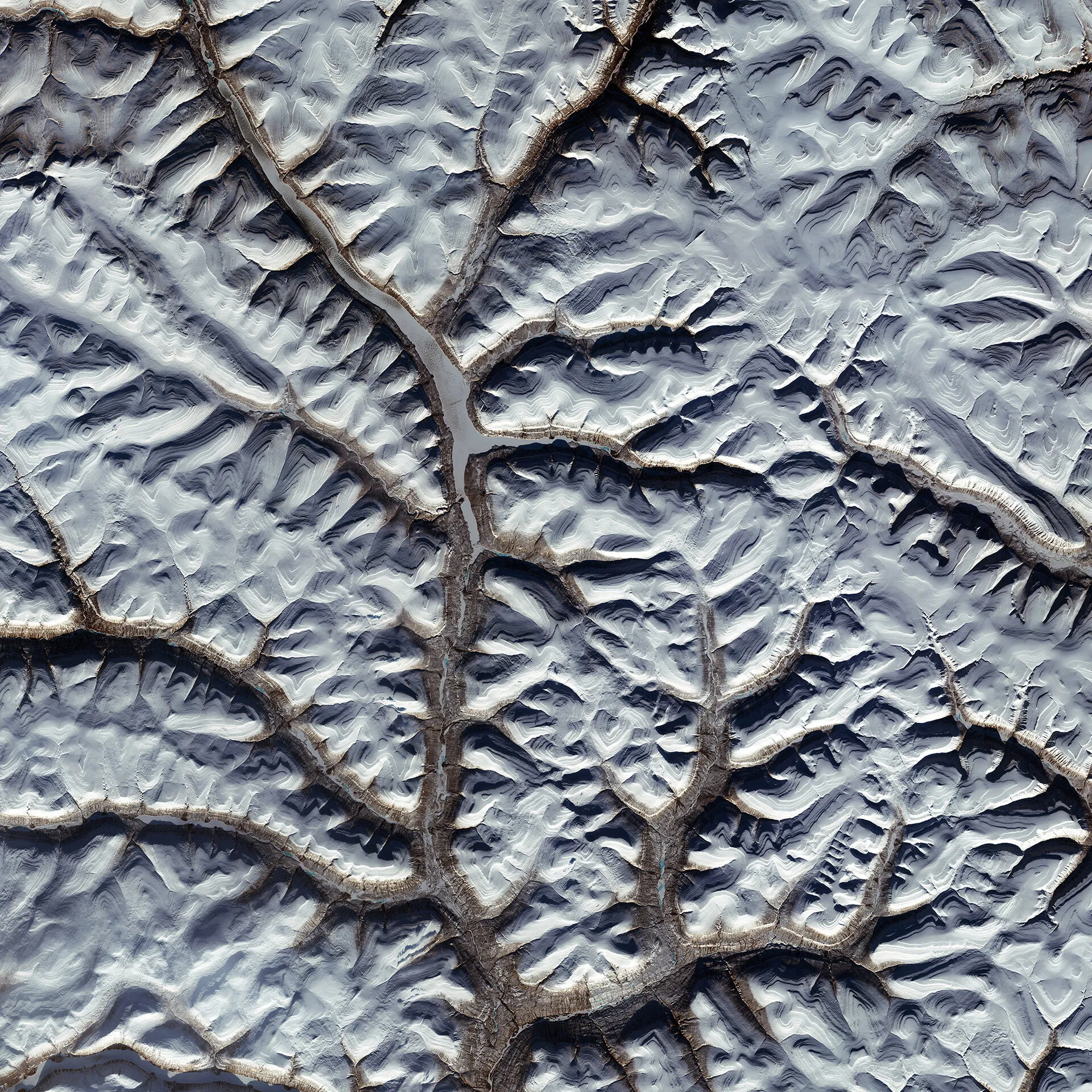 Branching pattern of snow-filled canyons cutting through the flat-topped basalt mountains of the Putorana Plateau in central Siberia, seen from orbit by the Copernicus Sentinel-2A satellite. The plateau is the eroded remnant of the Siberian Traps flood basalts that erupted at the Permian-Triassic boundary.
