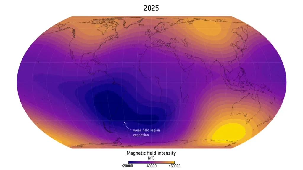 Side-by-side ESA Swarm maps comparing the geomagnetic intensity of the South Atlantic Anomaly in 2014 and 2025, showing the weak region's expansion and the emergence of two distinct lobes