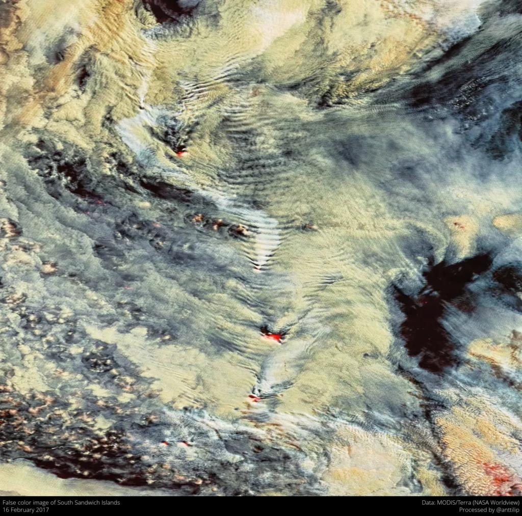 Satellite view of the South Sandwich Islands volcanic arc in the South Atlantic