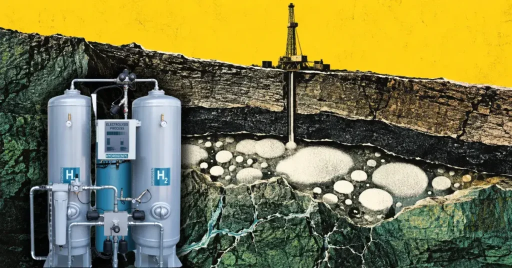 Ilustración de equipos de hidrógeno junto a un reservorio subterráneo de gas natural