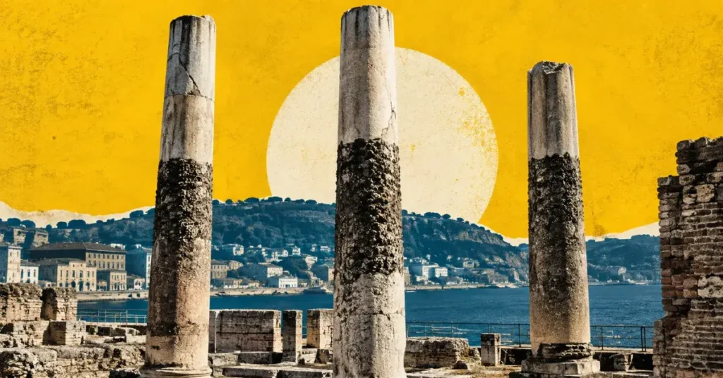 Columnas antiguas sobre la bahía bajo un cielo amarillo estilizado, Campos Flégreos