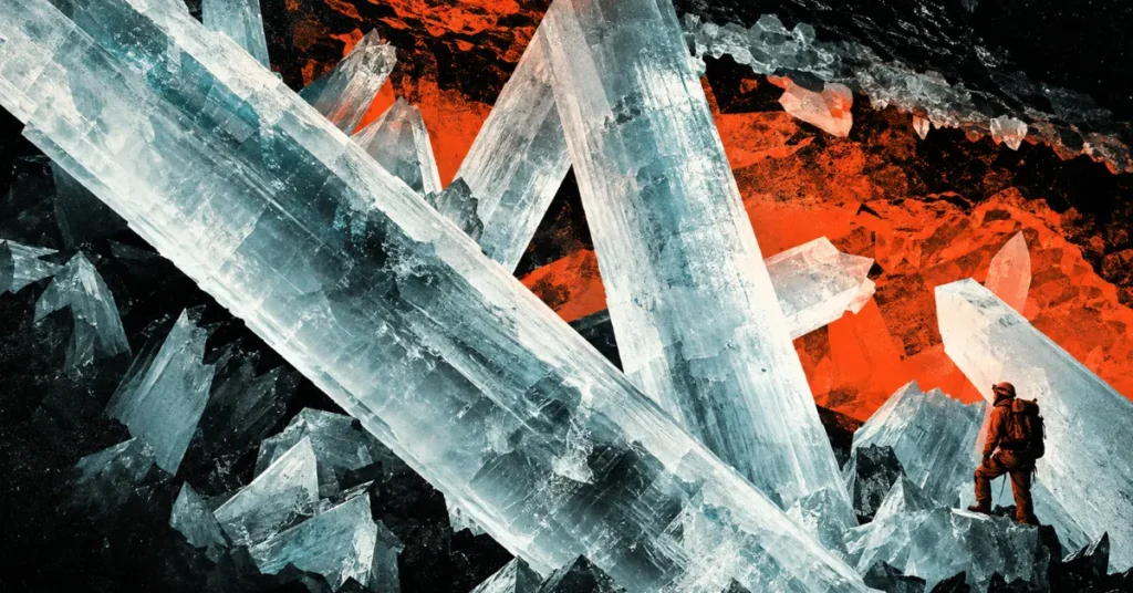 Un explorador de pie entre los cristales gigantes de la Cueva de los Cristales de Naica.