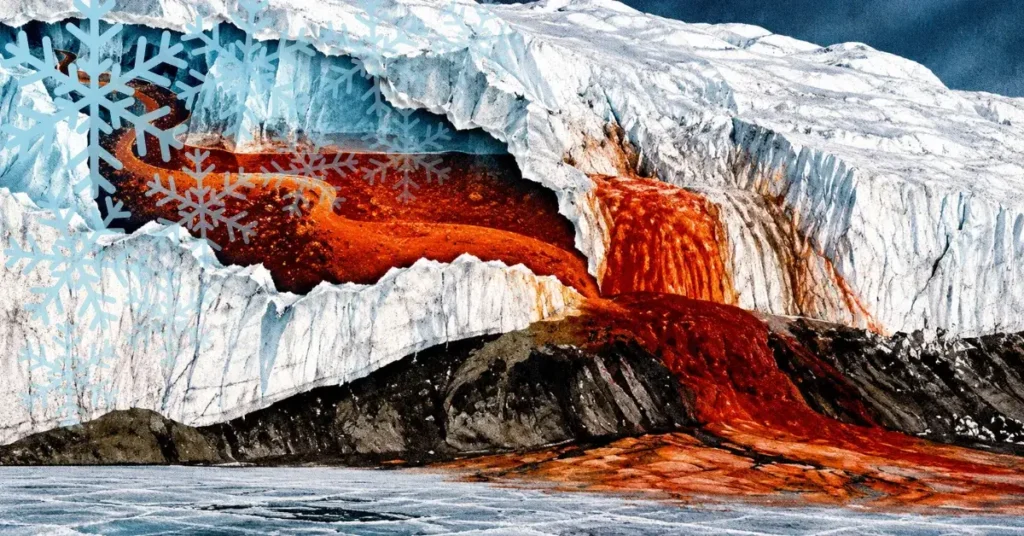 Agua de fusión de color rojo anaranjado fluye bajo un glaciar, con copos de nieve superpuestos.