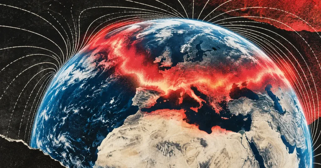 La Tierra con un resplandor rojo incandescente sobre Europa y el Mediterráneo