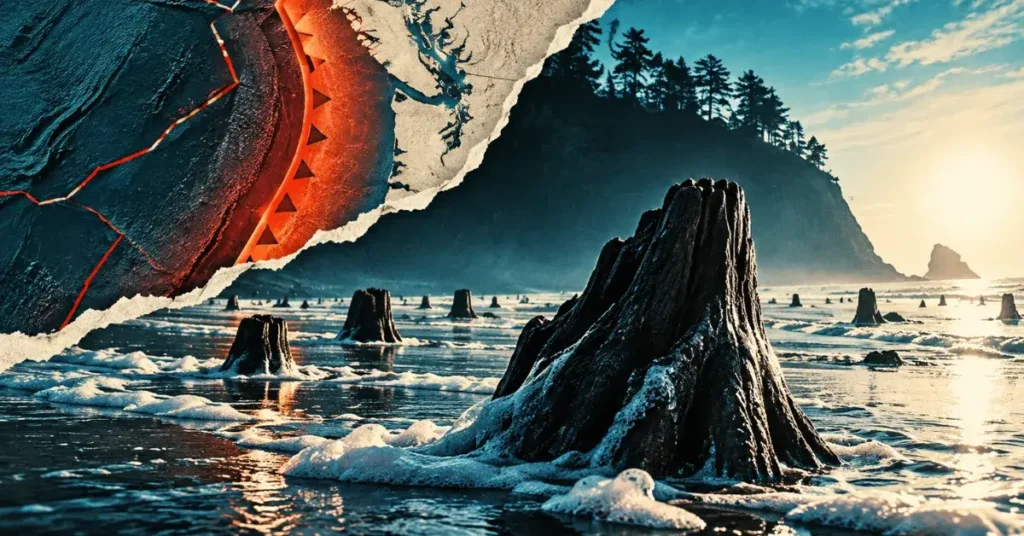 Torn tectonic map above icy flooded forest stumps at sunrise