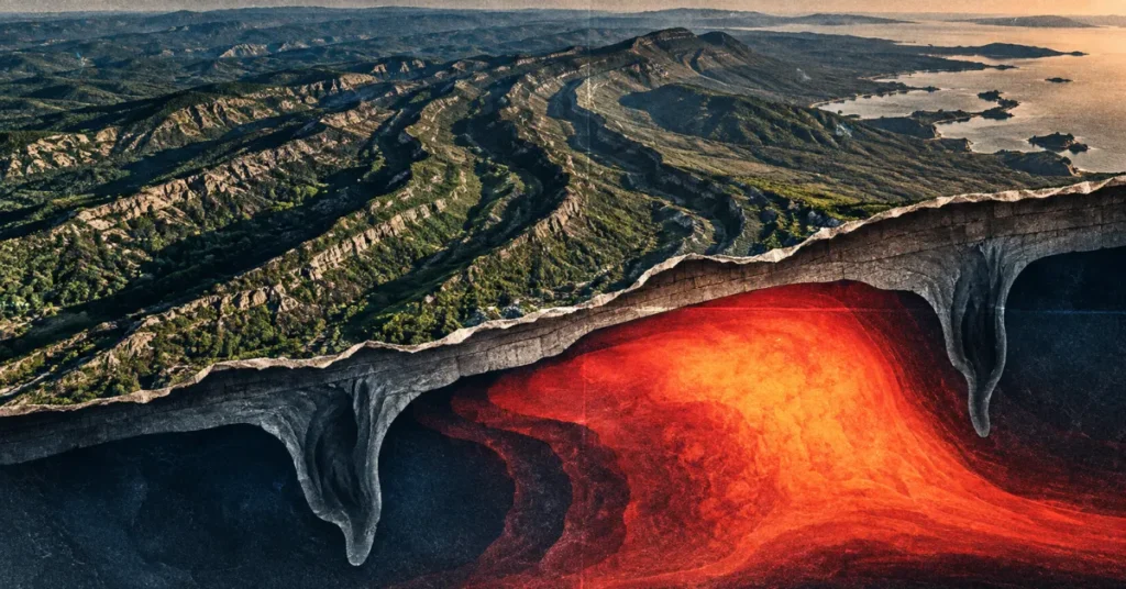 Coastal mountains above underground magma chamber cross-section (Northern Appalachian Anomaly)