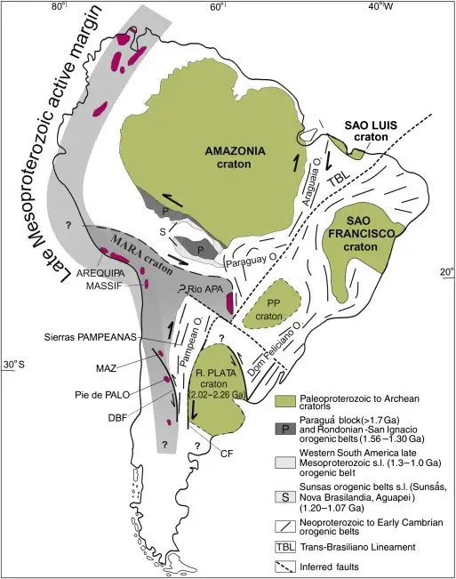 Geological map of South America showing the major Precambrian cratons in dark colours, including the São Francisco craton in eastern Brazil