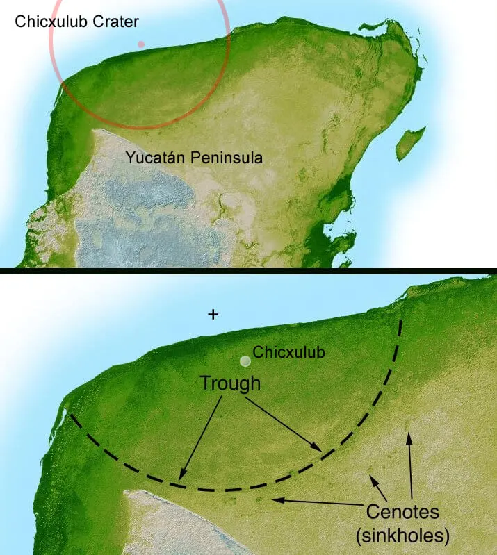 NASA shaded-relief radar map of the buried Chicxulub impact crater under the Yucatán Peninsula