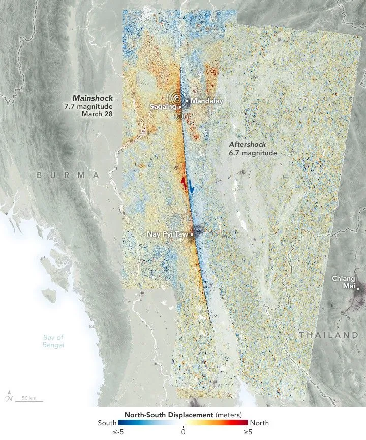 NASA JPL ARIA horizontal ground-displacement map of central Myanmar after the 2025 Mw 7.7 Mandalay earthquake, with red pixels showing northward motion on the west side of the Sagaing Fault and blue pixels showing southward motion on the east side.