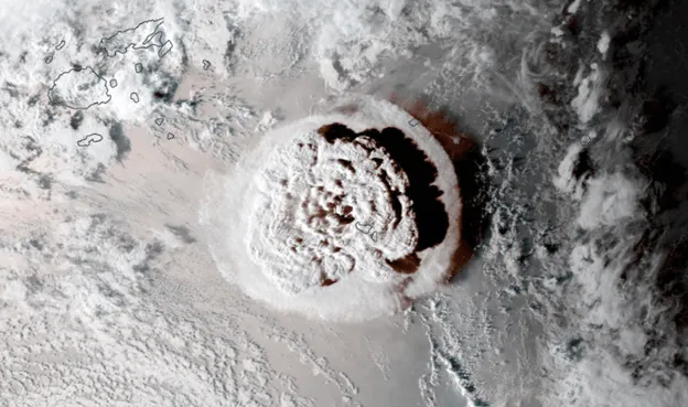 GOES-West satellite image of the Hunga Tonga volcanic plume erupting over the South Pacific on January 15, 2022