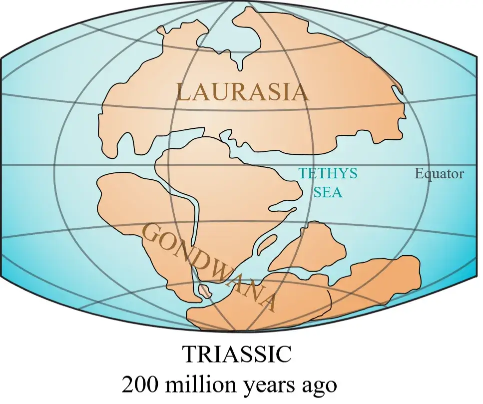 Map of Laurasia and Gondwana around 200 million years ago, before the breakup of Pangaea, showing the configuration of continents from which Greater Adria, Zealandia, and Argoland would later rift