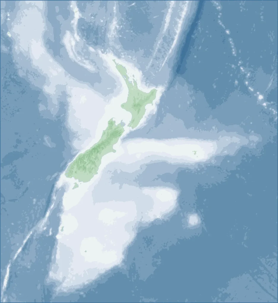 Map of the submerged continent of Zealandia in the southwest Pacific, with New Zealand and New Caledonia above sea level and the surrounding continental shelf below