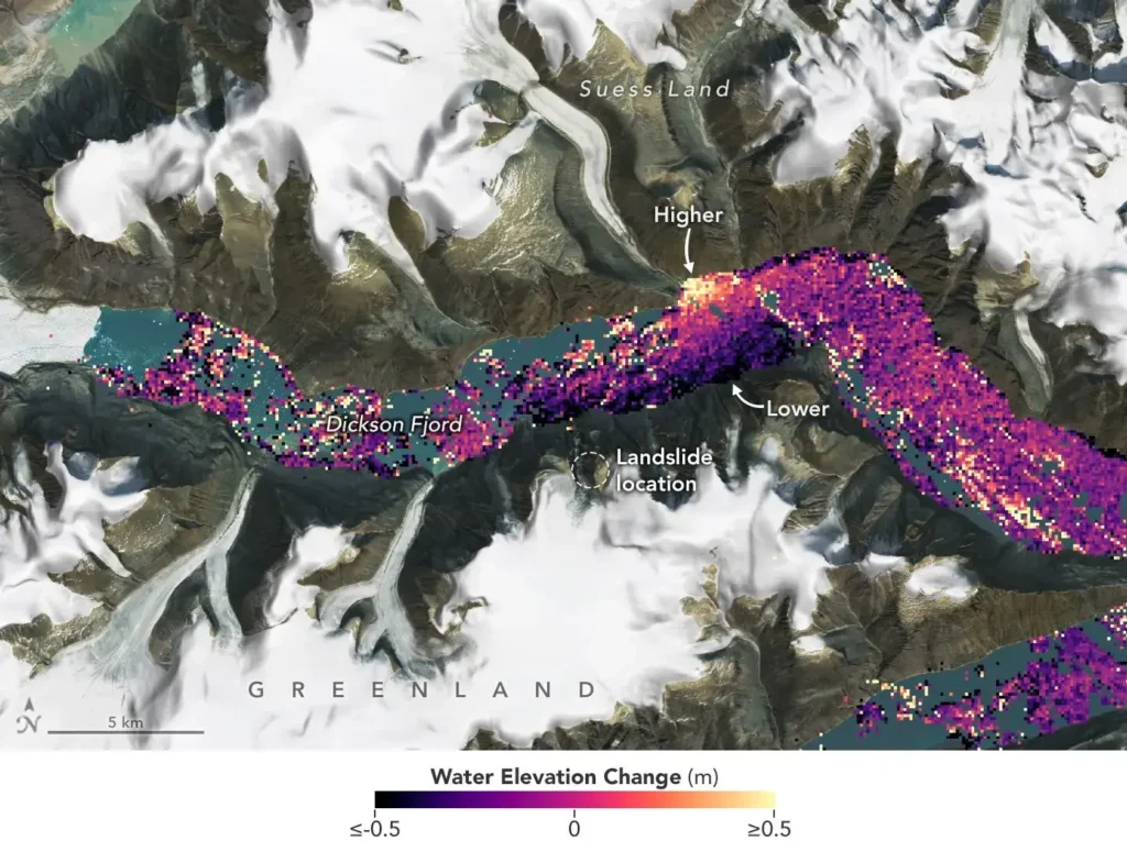 SWOT satellite data visualisation of Dickson Fjord on 17 September 2023, with orange-yellow tones along the north wall indicating water about 1.2 metres higher than along the dark-purple south wall