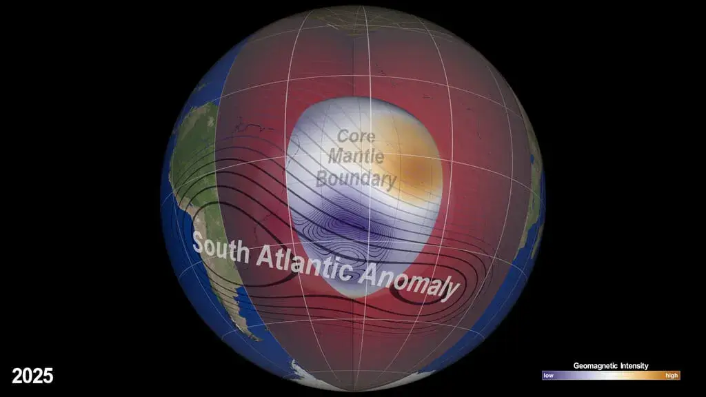 Map of the South Atlantic Anomaly showing geomagnetic intensity at Earth's surface from 2015 through 2025, with the weakest region centered over South America and the southern Atlantic