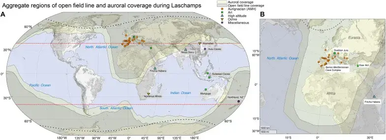 Global and European maps showing combined auroral oval coverage and open magnetic field line regions during the Laschamps event, overlaid with sites of Aurignacian toolkits, cave art, ochre mines, and high-altitude human occupation