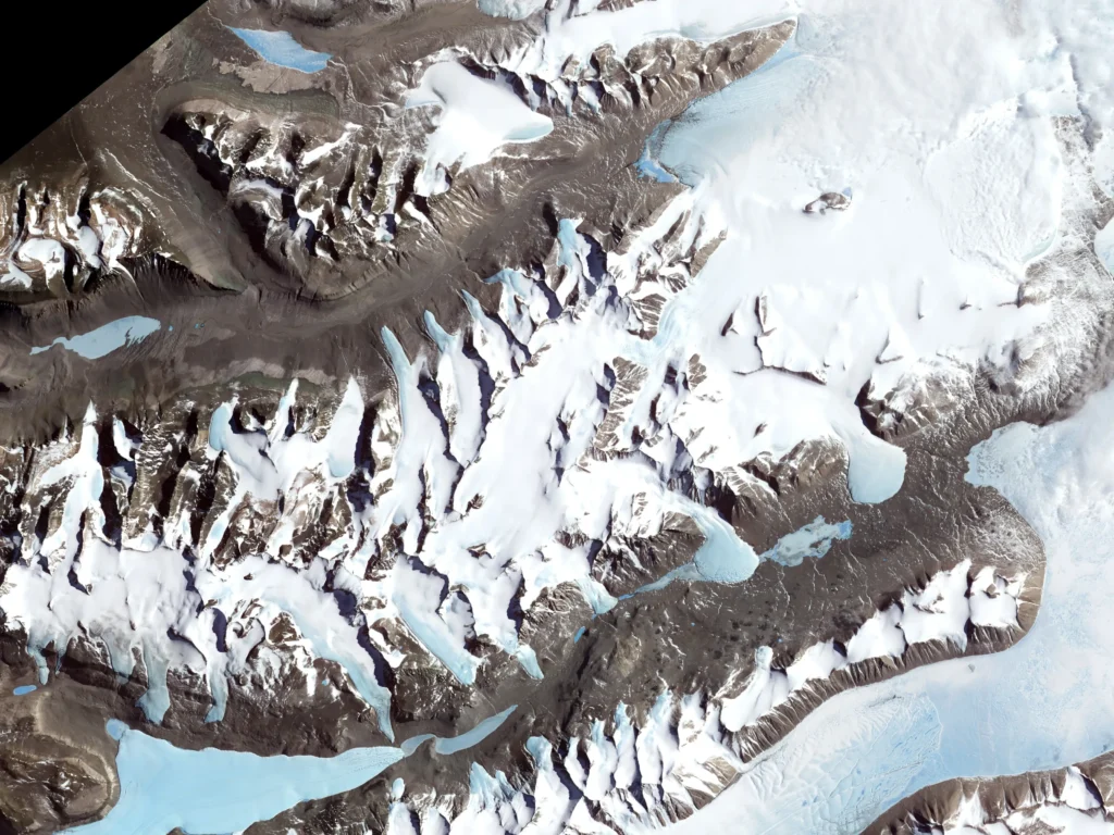 False-colour ASTER satellite image of Taylor Valley, Antarctica, showing Taylor Glacier flowing into ice-covered Lake Bonney with Blood Falls as a reddish stain at the glacier terminus