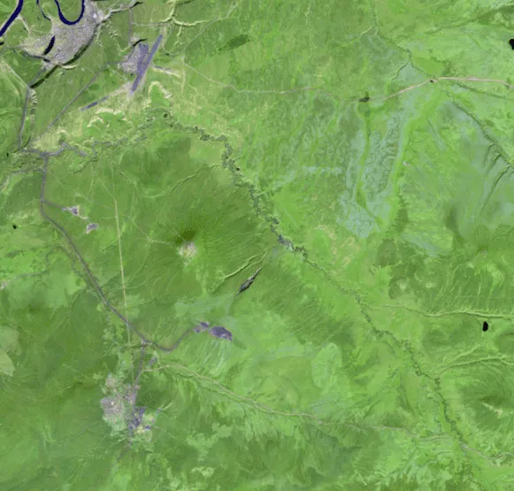 1991 Landsat satellite image of the Batagaika crater in Siberia, showing the permafrost slump as a narrow gash before its rapid expansion
