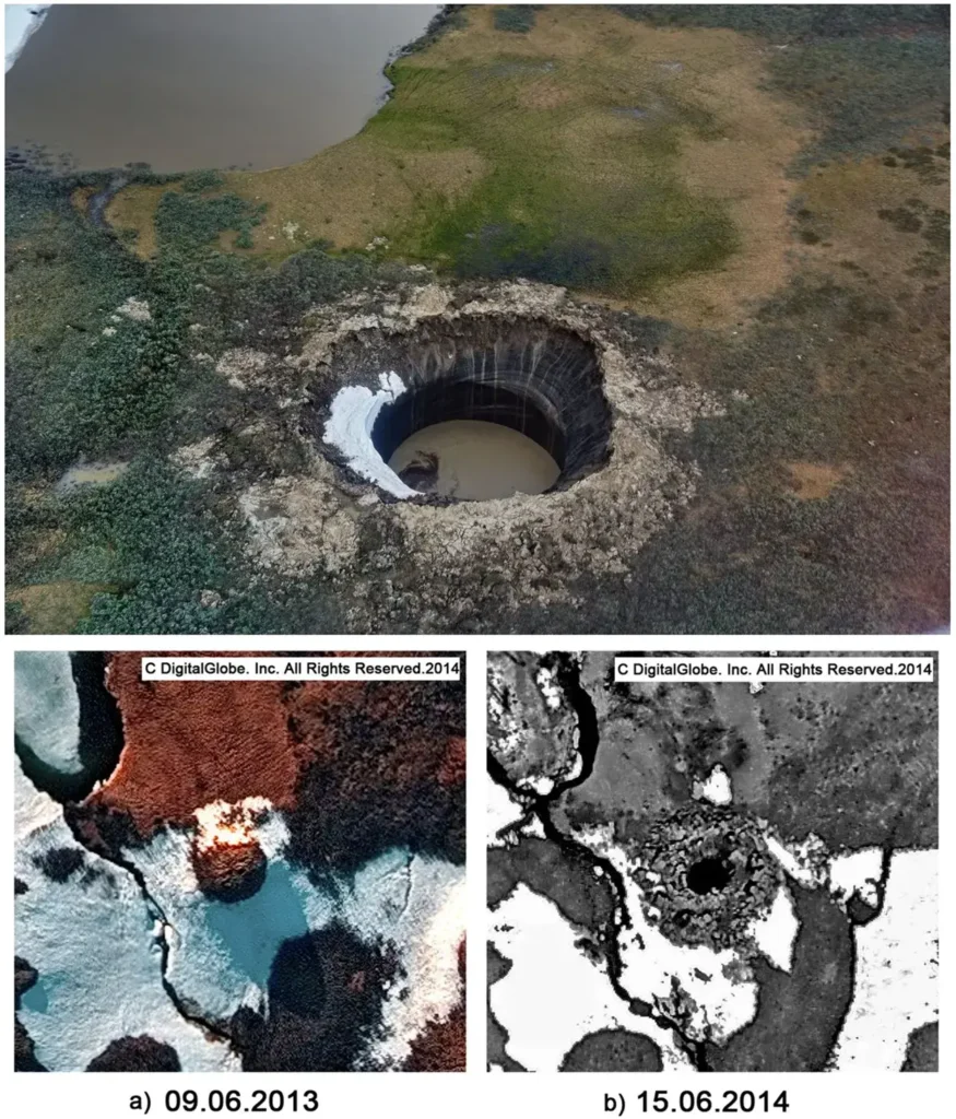 Aerial photograph of the Yamal gas emission crater, a steep-walled cylindrical hole in flat tundra, with satellite views of the mound that stood there before the explosion