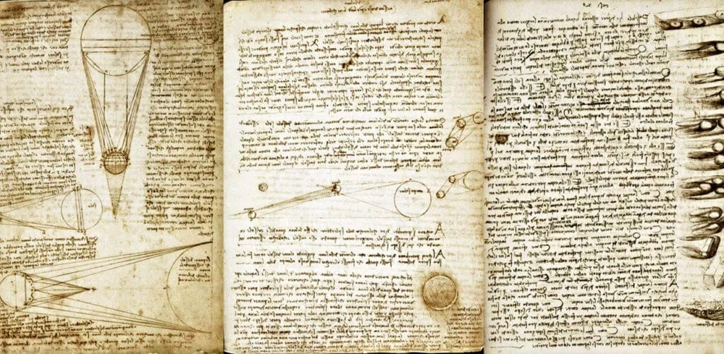 A page from Leonardo da Vinci's Codex Leicester, covered in his mirror-script notes and diagrams on water, rock, and fossils.