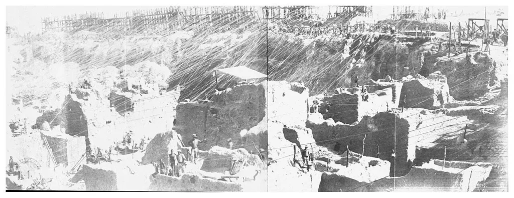 Thousands of miners working the hand-dug Colesberg Kopje diamond diggings at Kimberley, South Africa, in 1873, the open pit that became the Big Hole