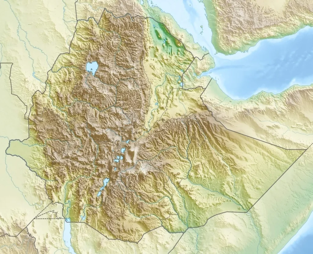 Relief location map of Ethiopia showing the Afar Region and Danakil Depression in the northeast