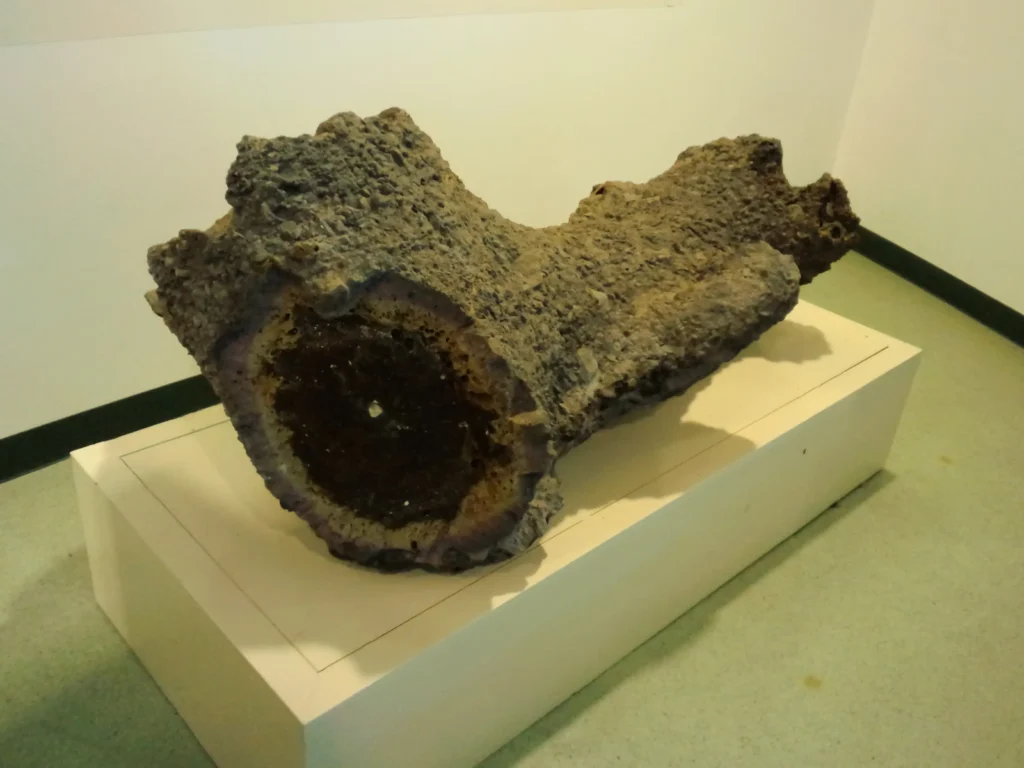 A long hollow tubular fulgurite with a glassy interior displayed at a Japanese museum