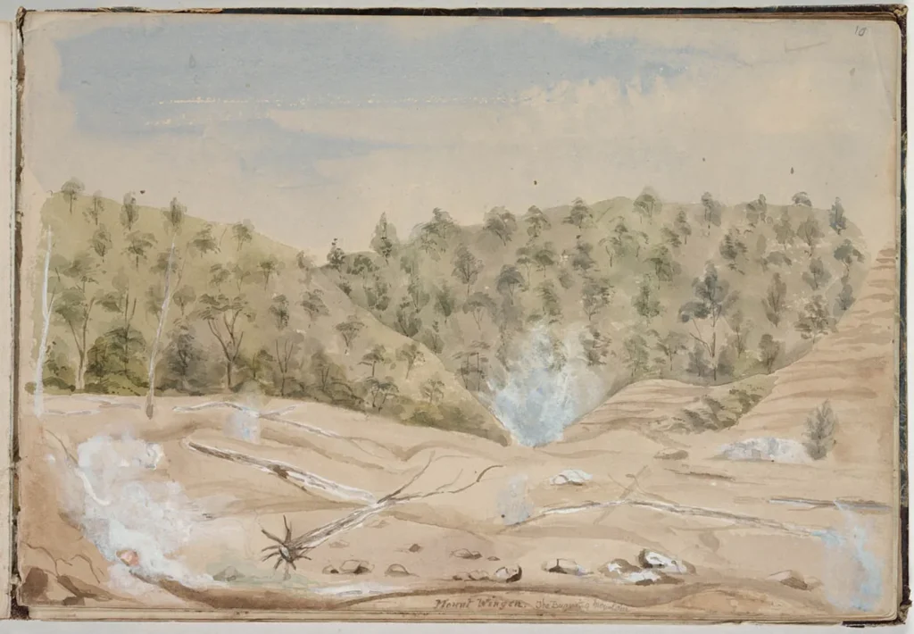 Nineteenth-century painting of Mount Wingen (Burning Mountain) by Emma Macpherson, showing smoke rising from the hillside
