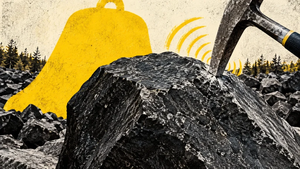 Un pico golpeando una roca junto a un casco amarillo y una señal de advertencia «Las rocas que suenan: dentro de los campos de bloques que tañen como campanas»