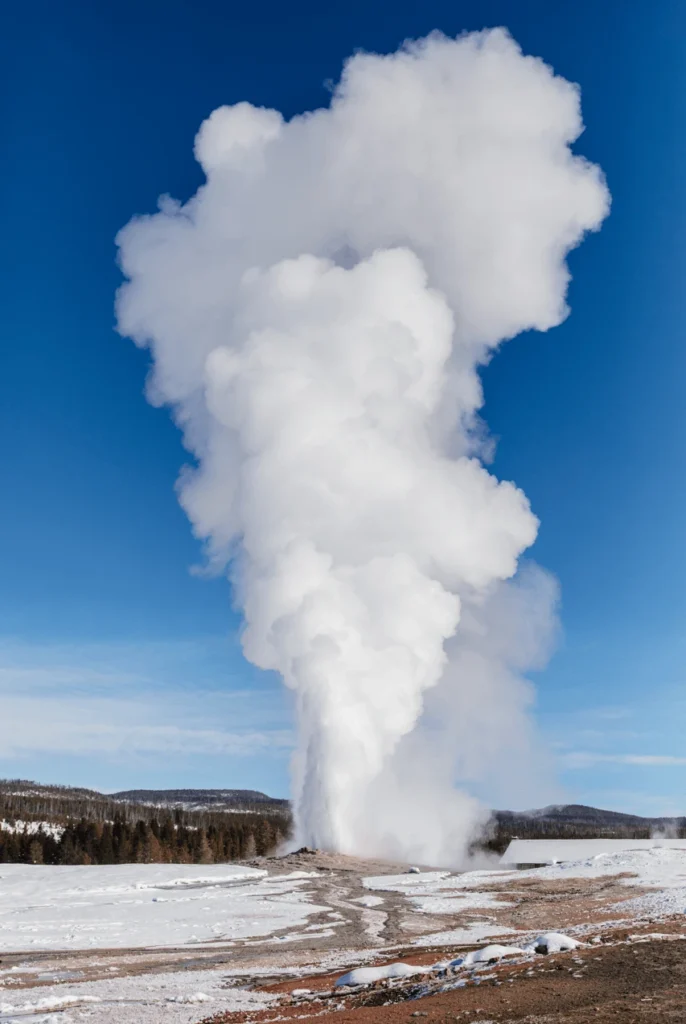 Old Faithful geyser erupting, a column of boiling water and white steam blasting upward, used as an analogy for the Oklo reactor's roughly three-hour boil-and-restart cycle.