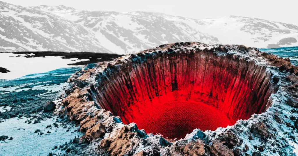Cráter volcánico de brillo rojo rodeado de montañas nevadas