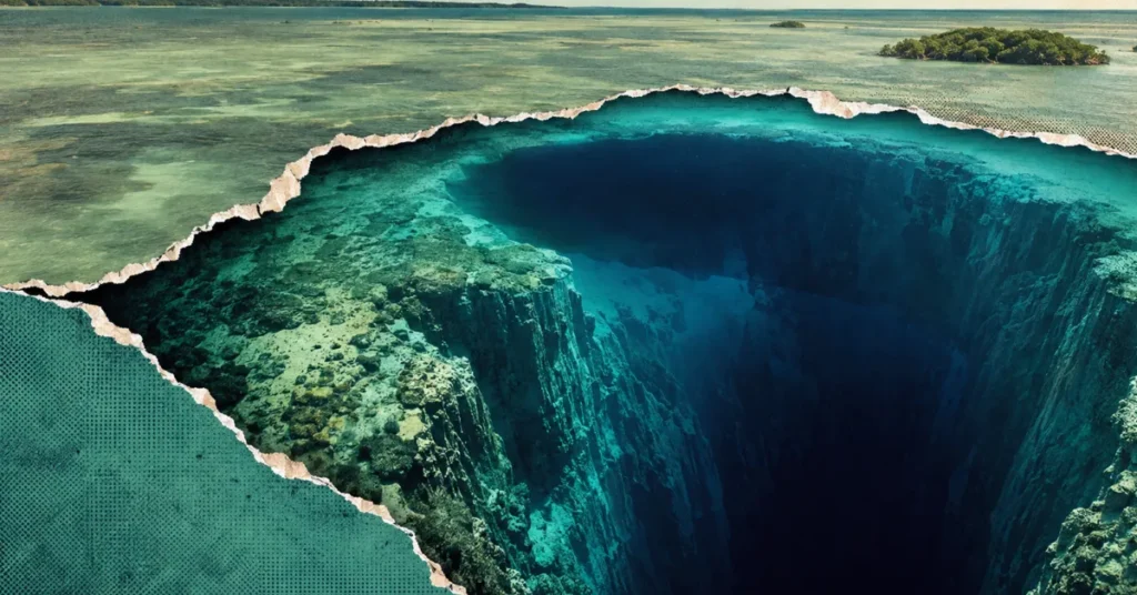 Vista con efecto de papel rasgado de un vasto sumidero submarino, el agujero azul Taam Ja'