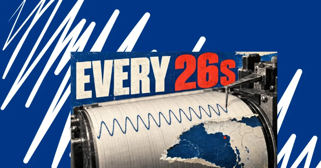 Gráfico de sismógrafo con el rótulo «EVERY 26s» sobre una forma de onda sísmica