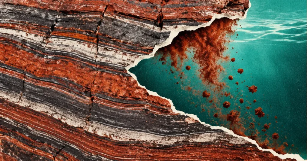 Roca estratificada roja y negra junto a agua turquesa (formación de hierro bandeado)