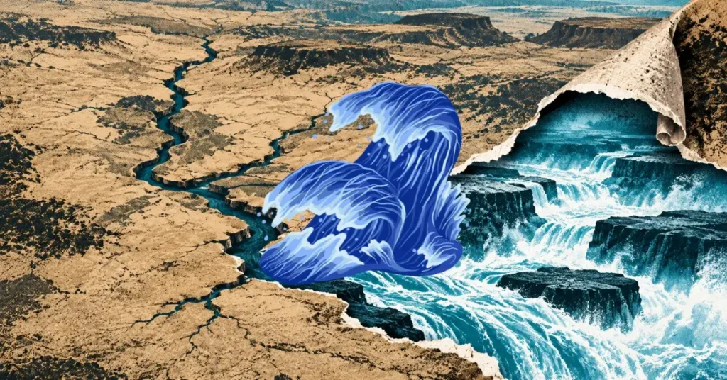 Olas oceánicas surrealistas irrumpiendo a través de un paisaje desértico agrietado