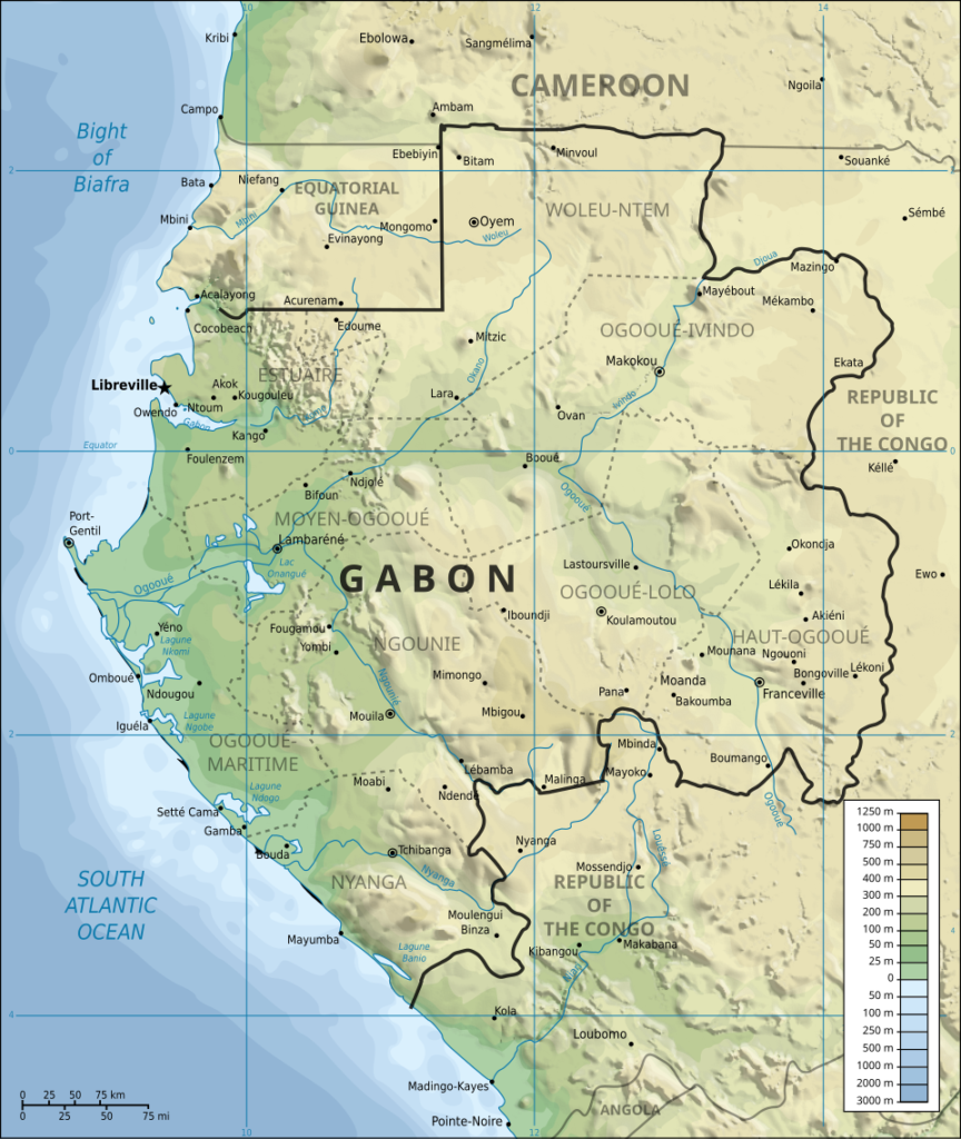 Topographic map of Gabon in West Africa, showing the location of the Oklo uranium deposit near Franceville in the southeast of the country.