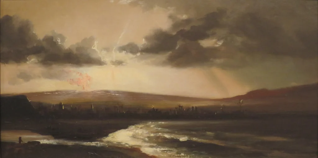 Nineteenth-century oil painting showing lightning over an erupting Hawaiian volcano seen from Hilo Beach
