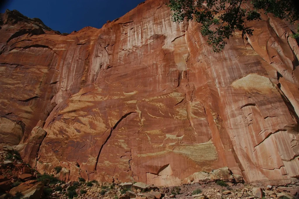 Close-up of dark desert varnish on red Wingate Sandstone at Capitol Reef, Utah, showing the contrast between the coated surface and the lighter rock