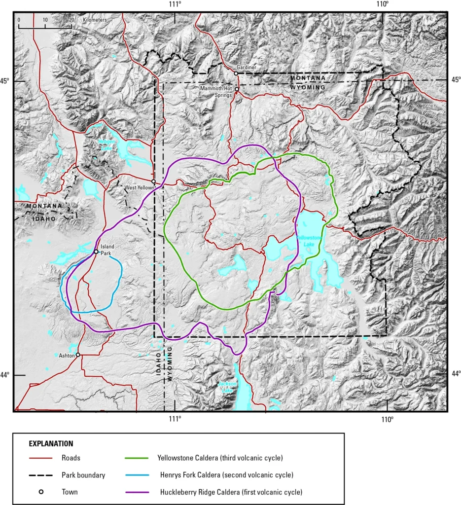 Digital elevation model of Yellowstone National Park and vicinity showing the outlines of the calderas formed during Yellowstone's three most recent volcanic cycles.