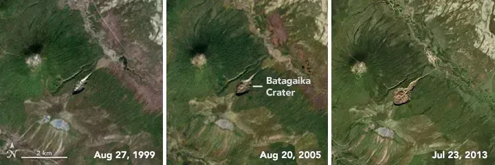 Comparison of Landsat satellite images showing the Batagaika crater expanding between 1999 and 2013 due to permafrost thaw