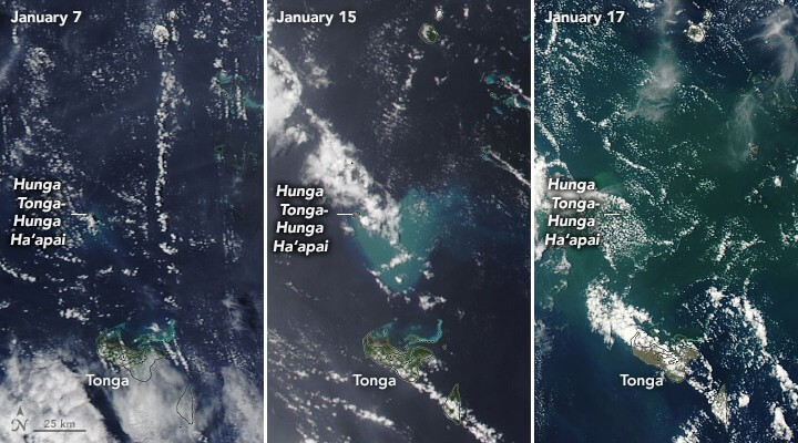 Satellite view of the Hunga Tonga–Hunga Ha'apai eruption plume spreading over the South Pacific on 15 January 2022