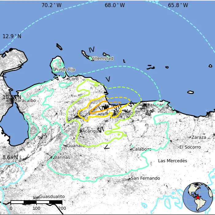 USGS PAGER population exposure map for the 24 June 2026 Venezuela earthquake, showing the number of people exposed to each level of shaking intensity