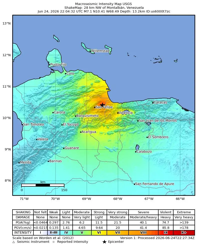 USGS ShakeMap of the magnitude 7.2 foreshock that struck Venezuela 39 seconds before the main earthquake on 24 June 2026