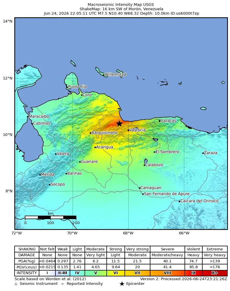 USGS ShakeMap of the magnitude 7.5 Venezuela earthquake on 24 June 2026, showing violent shaking near Yumare and along the north-central coast