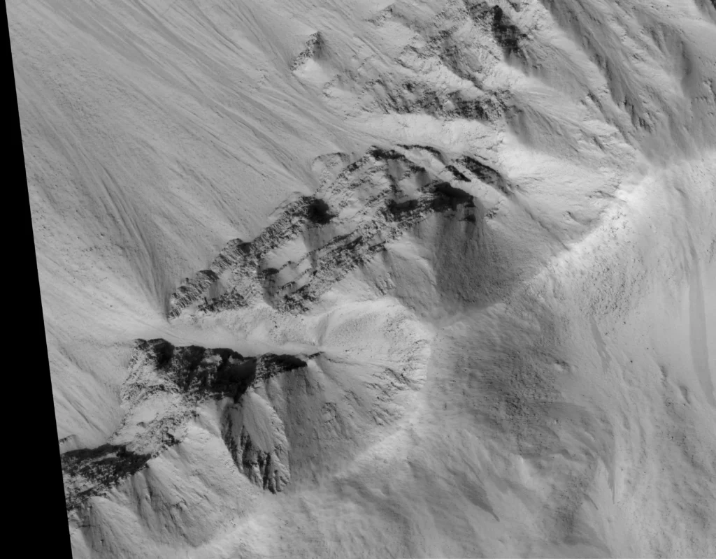 Columnar jointing identified in volcanic rock in Marte Vallis, Mars, imaged by HiRISE.