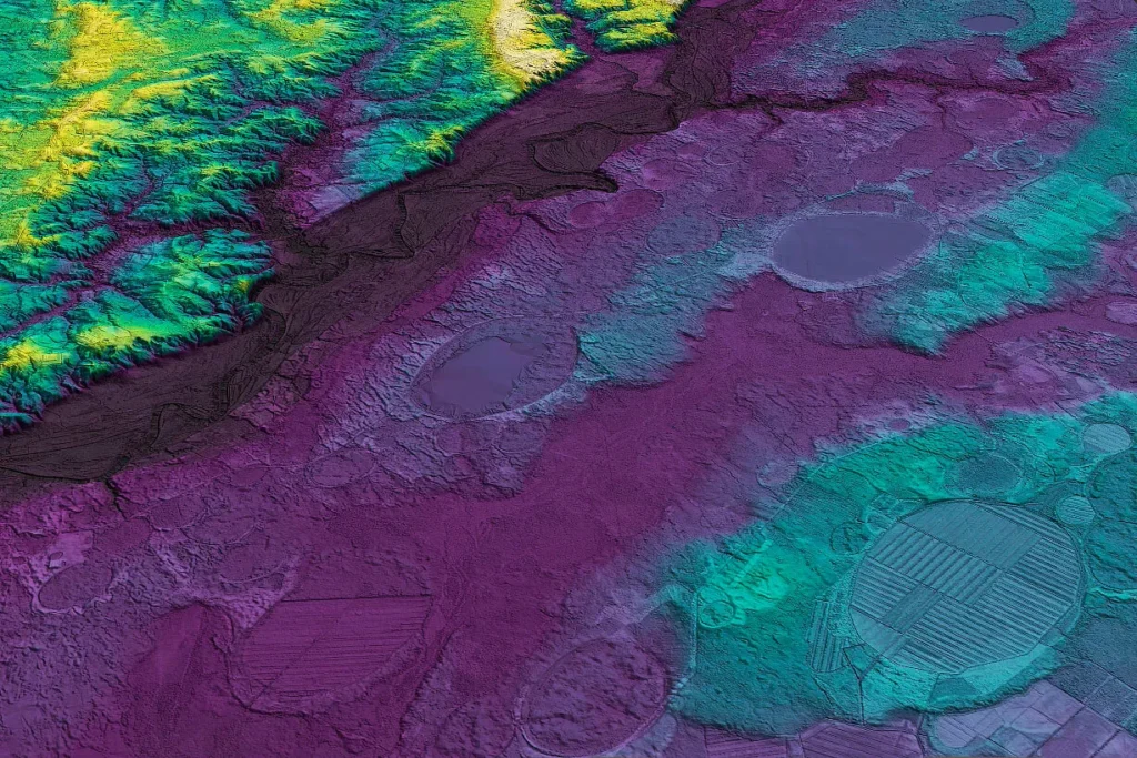 LiDAR elevation model of Carolina Bays showing shallow elliptical basins with raised sandy rims in false color