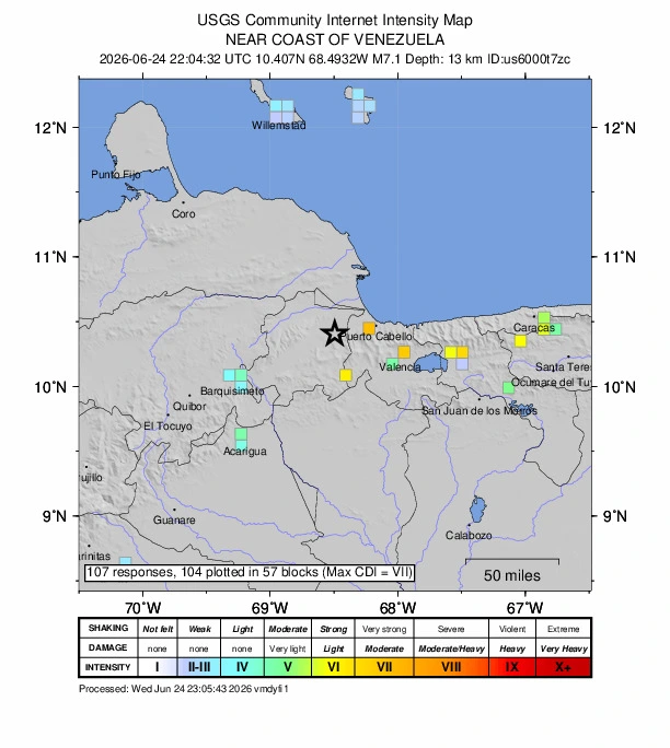 USGS Did You Feel It? community-reported intensity map for the magnitude 7.2 Venezuela foreshock of 24 June 2026