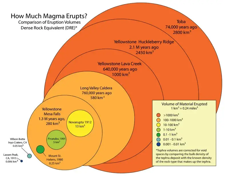 Diagram comparing the volume of magma erupted by various volcanoes, with the three Yellowstone eruptions and Toba dwarfing Mount St. Helens, Pinatubo, Krakatau and Tambora.