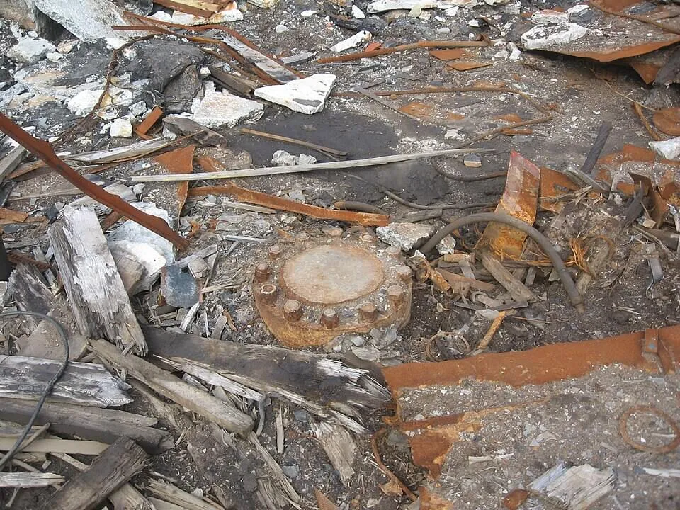 The rusted, bolted and welded-shut metal cap that seals the Kola Superdeep Borehole, set into a cracked concrete slab on Arctic tundra.