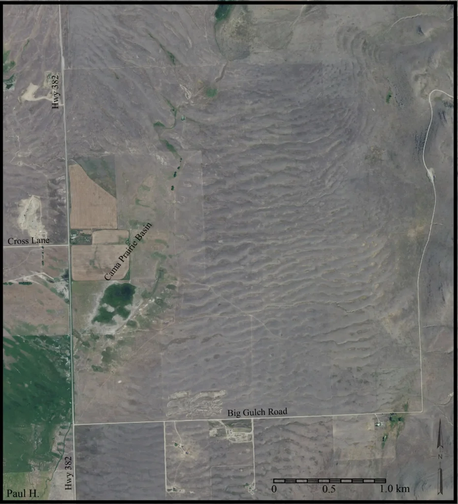 Aerial view of giant current ripples on the Camas Prairie, Montana